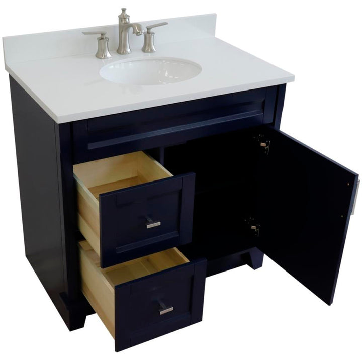 Bellaterra Home, Terni 37" Blue Vanity, Door on Right, Oval Sink on Center, White Quartz#top-options_white-quartz-top