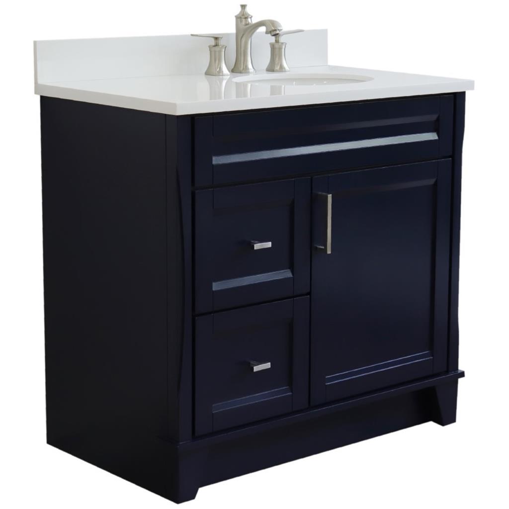 Bellaterra Home, Terni 37" Blue Vanity, Door on Right, Oval Sink on Right, White Quartz#top-options_white-quartz-top