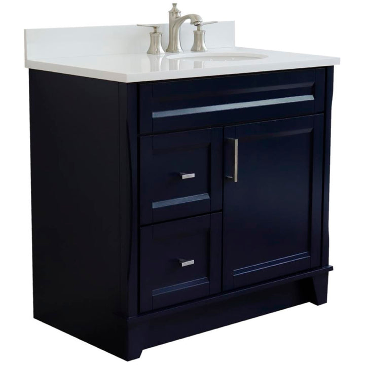 Bellaterra Home, Terni 37" Blue Vanity, Door on Right, Oval Sink on Right, White Quartz#top-options_white-quartz-top