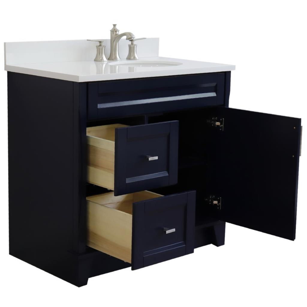 Bellaterra Home, Terni 37" Blue Vanity, Door on Right, Oval Sink on Right, White Quartz#top-options_white-quartz-top
