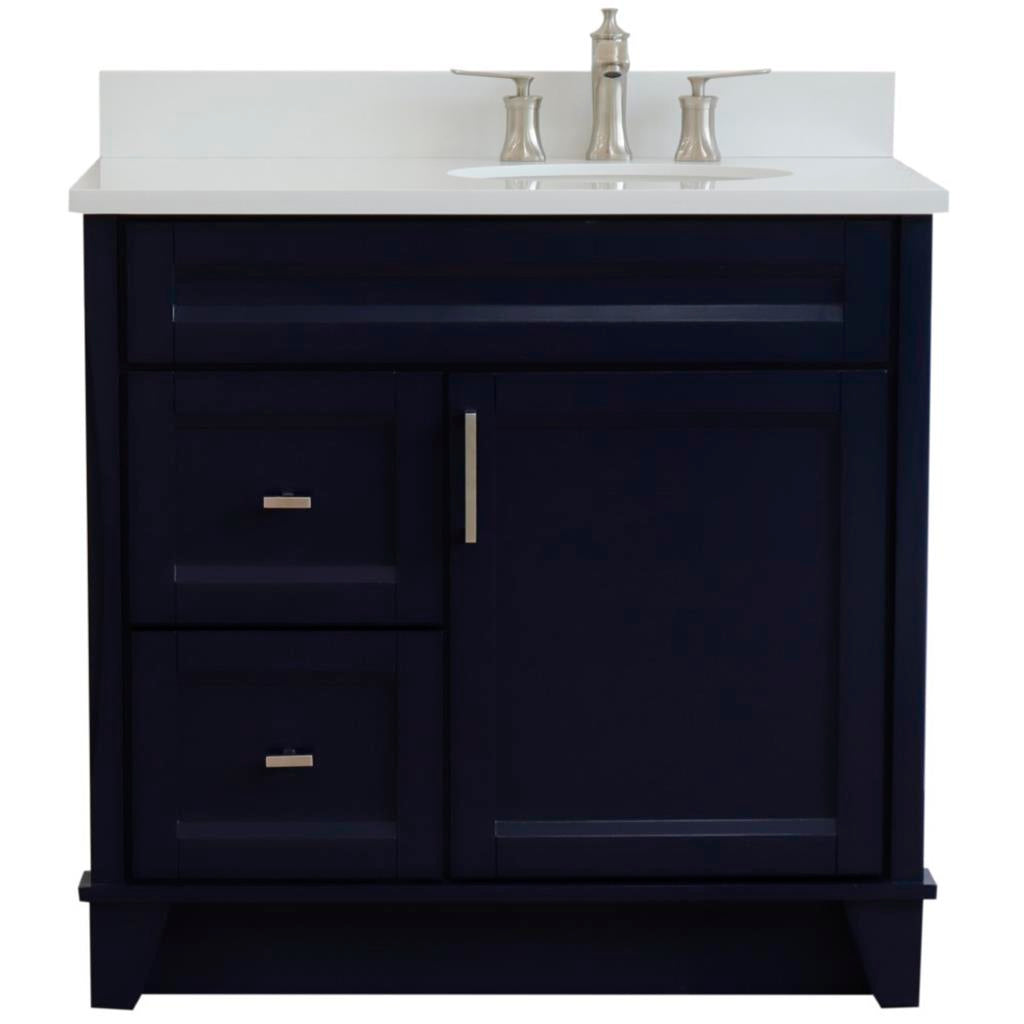 Bellaterra Home, Terni 37" Blue Vanity, Door on Right, Oval Sink on Right, White Quartz#top-options_white-quartz-top