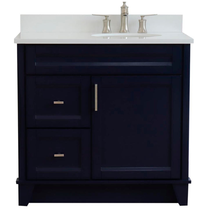 Bellaterra Home, Terni 37" Blue Vanity, Door on Right, Oval Sink on Right, White Quartz#top-options_white-quartz-top