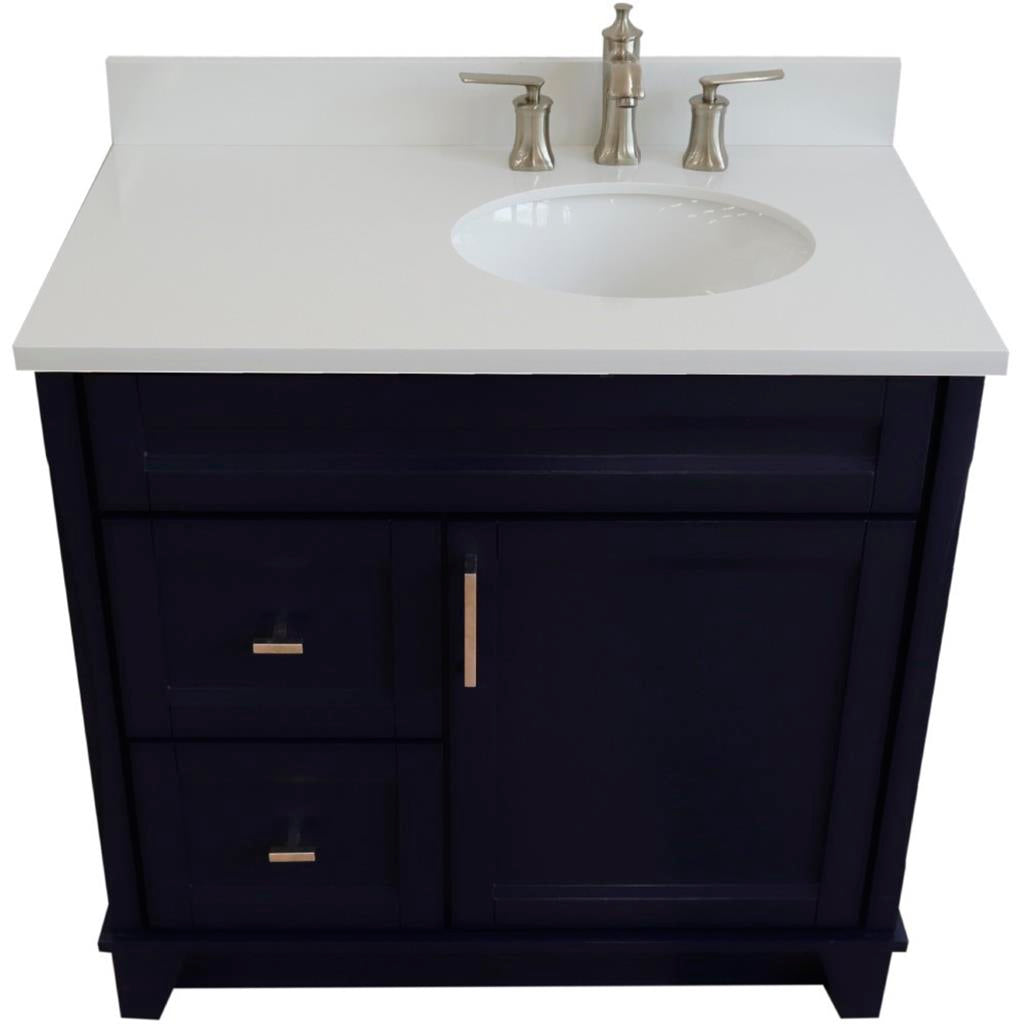 Bellaterra Home, Terni 37" Blue Vanity, Door on Right, Oval Sink on Right, White Quartz#top-options_white-quartz-top
