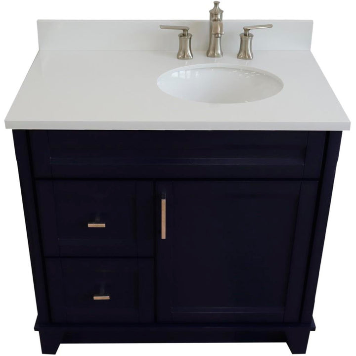 Bellaterra Home, Terni 37" Blue Vanity, Door on Right, Oval Sink on Right, White Quartz#top-options_white-quartz-top