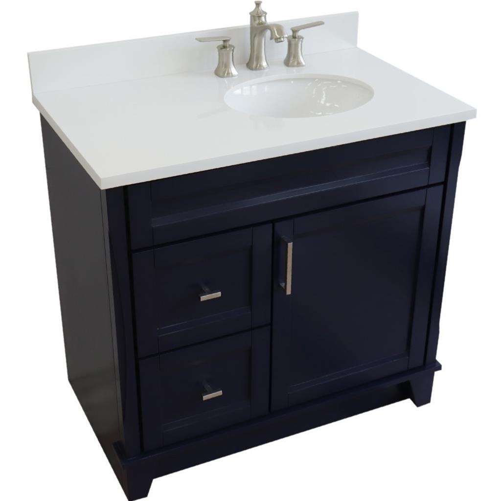 Bellaterra Home, Terni 37" Blue Vanity, Door on Right, Oval Sink on Right, White Quartz#top-options_white-quartz-top