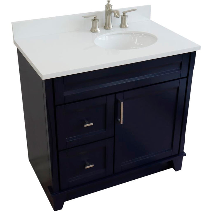 Bellaterra Home, Terni 37" Blue Vanity, Door on Right, Oval Sink on Right, White Quartz#top-options_white-quartz-top