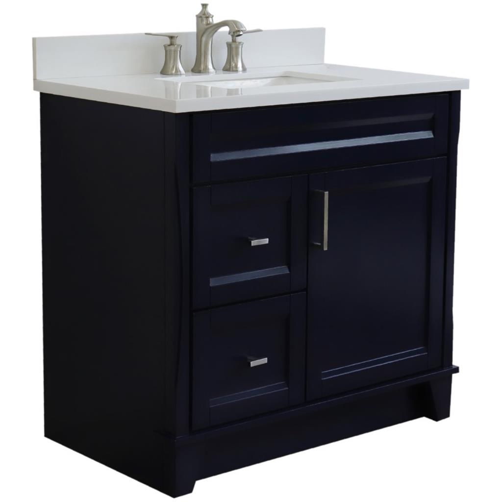 Bellaterra Home, Terni 37" Blue Vanity, Door on Right, Rectangle Sink on Center, White Quartz#top-options_white-quartz-top