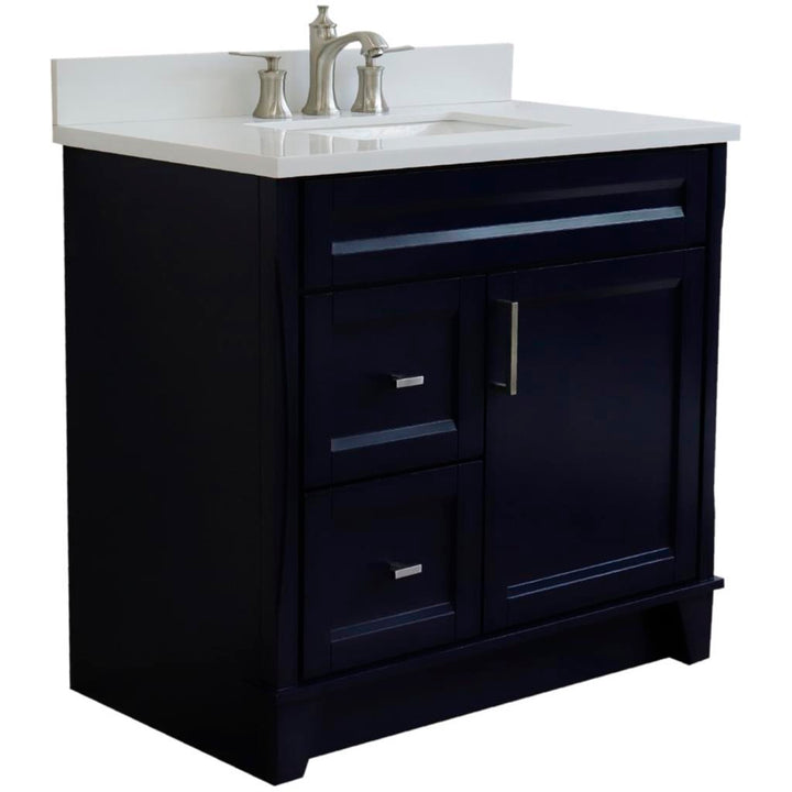 Bellaterra Home, Terni 37" Blue Vanity, Door on Right, Rectangle Sink on Center, White Quartz#top-options_white-quartz-top