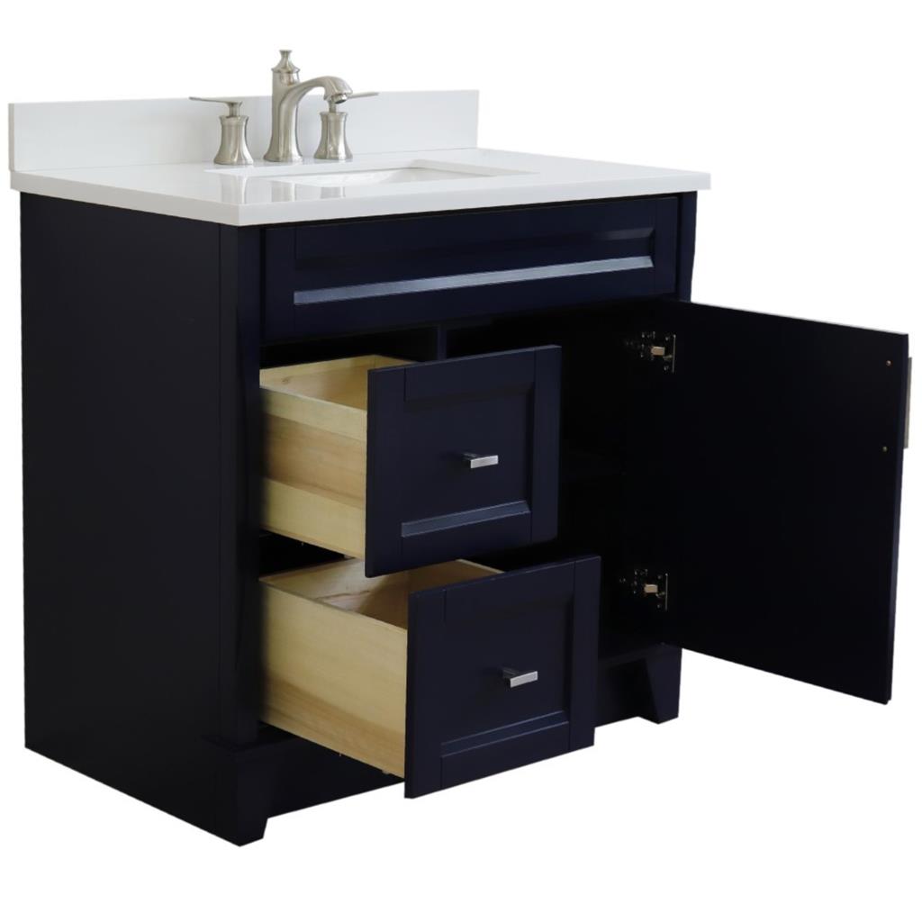 Bellaterra Home, Terni 37" Blue Vanity, Door on Right, Rectangle Sink on Center, White Quartz#top-options_white-quartz-top