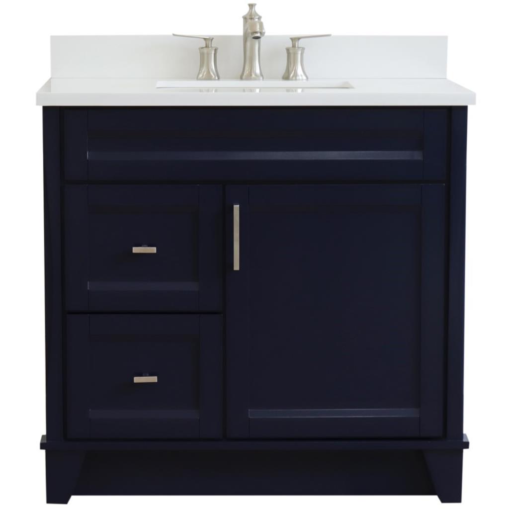 Bellaterra Home, Terni 37" Blue Vanity, Door on Right, Rectangle Sink on Center, White Quartz#top-options_white-quartz-top