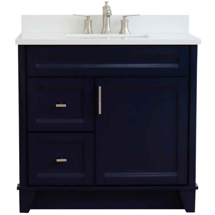 Bellaterra Home, Terni 37" Blue Vanity, Door on Right, Rectangle Sink on Center, White Quartz#top-options_white-quartz-top