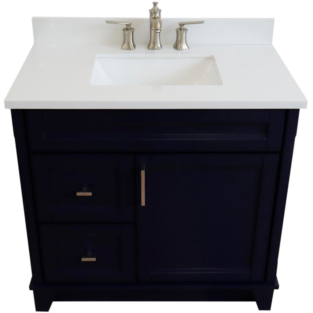 Bellaterra Home, Terni 37" Blue Vanity, Door on Right, Rectangle Sink on Center, White Quartz#top-options_white-quartz-top