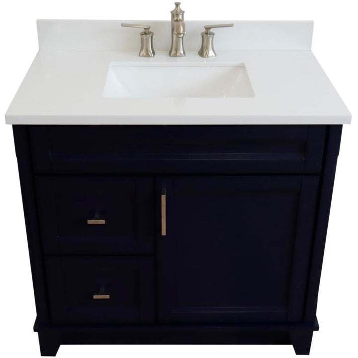 Bellaterra Home, Terni 37" Blue Vanity, Door on Right, Rectangle Sink on Center, White Quartz#top-options_white-quartz-top