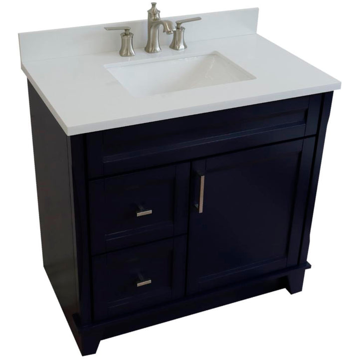 Bellaterra Home, Terni 37" Blue Vanity, Door on Right, Rectangle Sink on Center, White Quartz#top-options_white-quartz-top