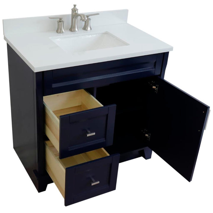 Bellaterra Home, Terni 37" Blue Vanity, Door on Right, Rectangle Sink on Center, White Quartz#top-options_white-quartz-top