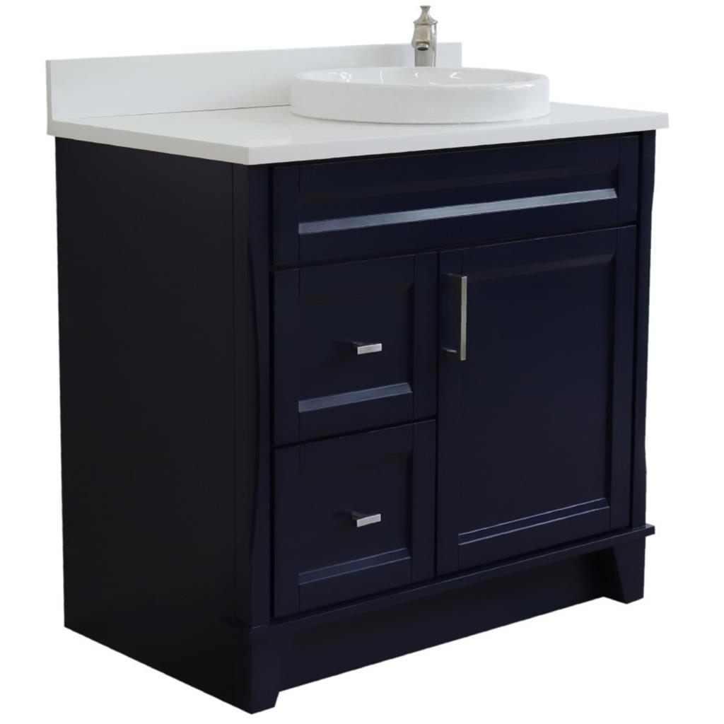 Bellaterra Home, Terni 37" Blue Vanity, Door on Right, Round Sink on Right, White Quartz#top-options_white-quartz-top