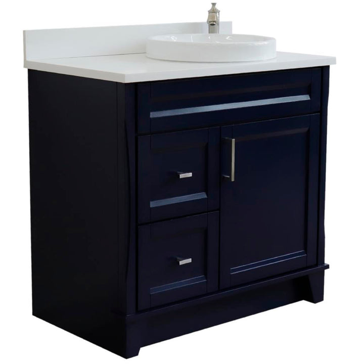 Bellaterra Home, Terni 37" Blue Vanity, Door on Right, Round Sink on Right, White Quartz#top-options_white-quartz-top