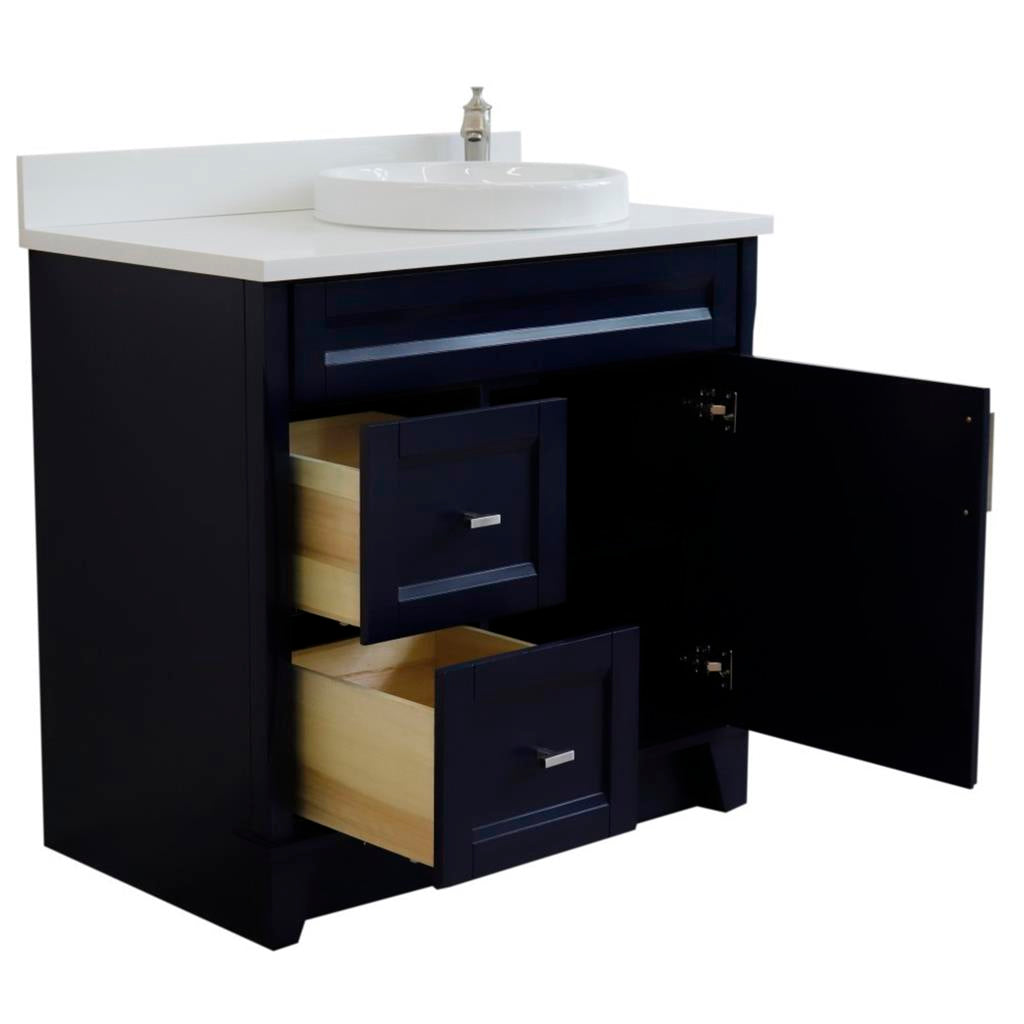 Bellaterra Home, Terni 37" Blue Vanity, Door on Right, Round Sink on Right, White Quartz#top-options_white-quartz-top