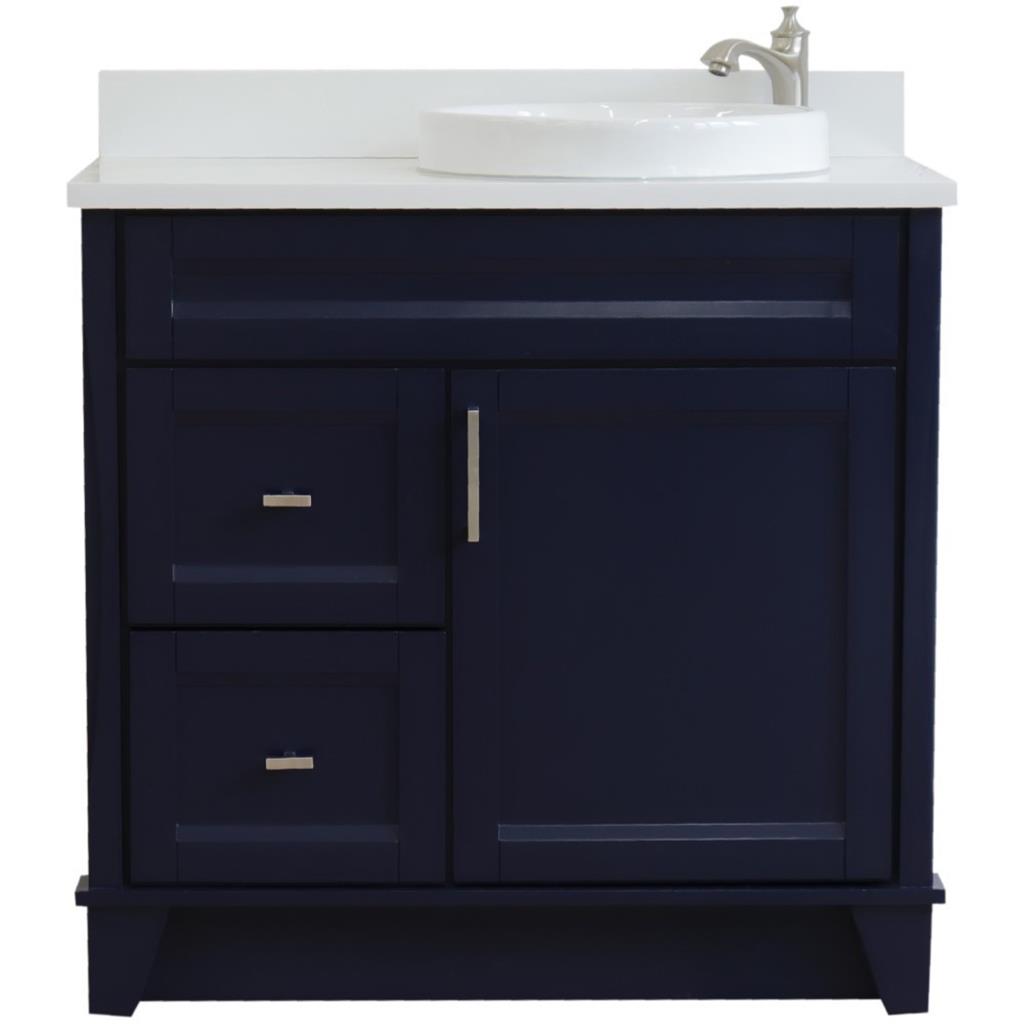 Bellaterra Home, Terni 37" Blue Vanity, Door on Right, Round Sink on Right, White Quartz#top-options_white-quartz-top