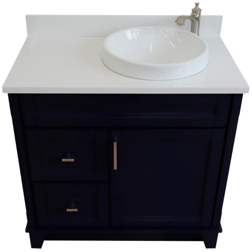 Bellaterra Home, Terni 37" Blue Vanity, Door on Right, Round Sink on Right, White Quartz#top-options_white-quartz-top