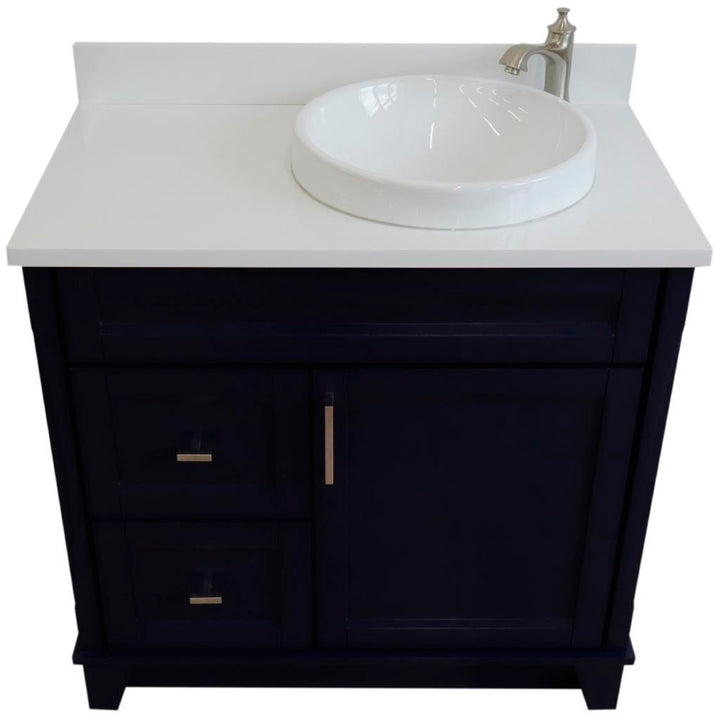 Bellaterra Home, Terni 37" Blue Vanity, Door on Right, Round Sink on Right, White Quartz#top-options_white-quartz-top