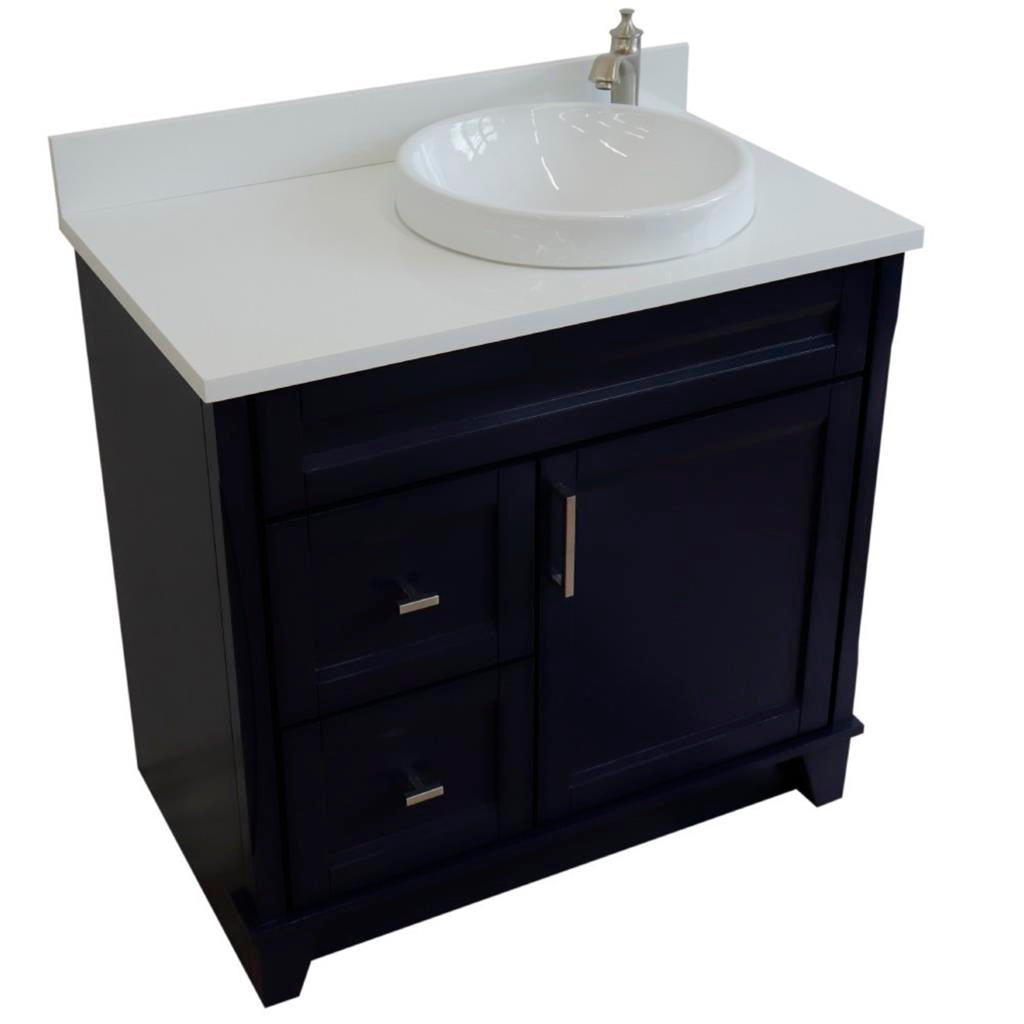 Bellaterra Home, Terni 37" Blue Vanity, Door on Right, Round Sink on Right, White Quartz#top-options_white-quartz-top