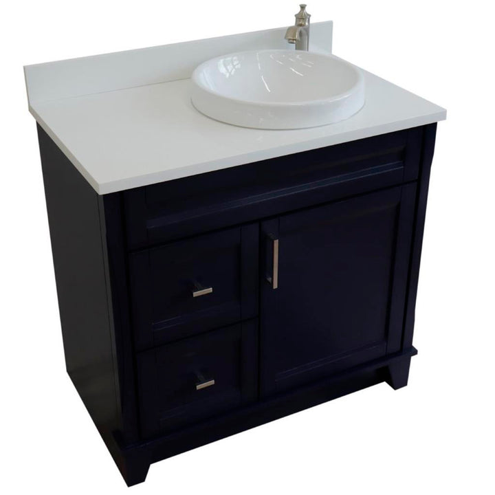 Bellaterra Home, Terni 37" Blue Vanity, Door on Right, Round Sink on Right, White Quartz#top-options_white-quartz-top
