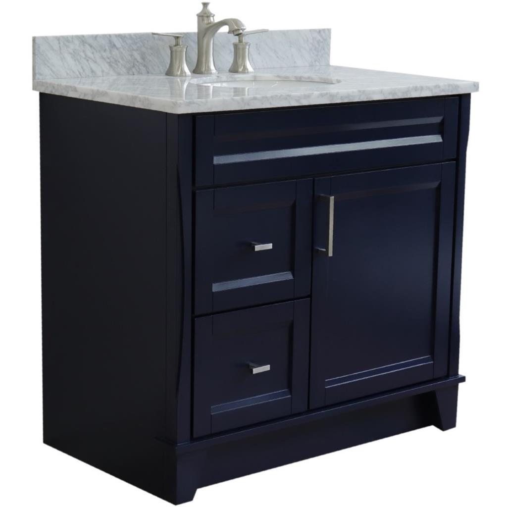 Bellaterra Home, Terni 37" Blue Vanity, Door on Right, Oval Sink on Center, White Carrara Marble#top-options_white-carrara-marble-top
