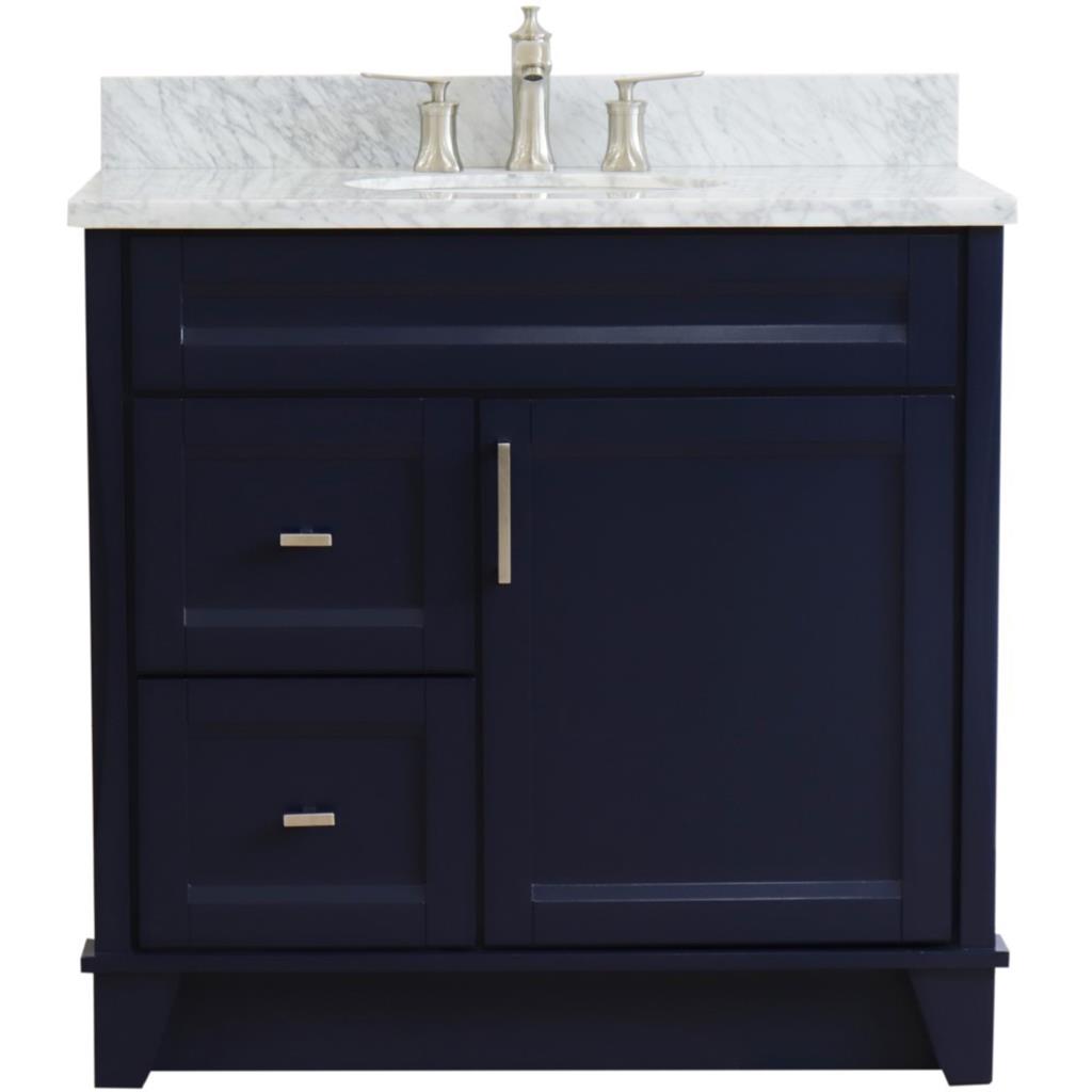 Bellaterra Home, Terni 37" Blue Vanity, Door on Right, Oval Sink on Center, White Carrara Marble#top-options_white-carrara-marble-top