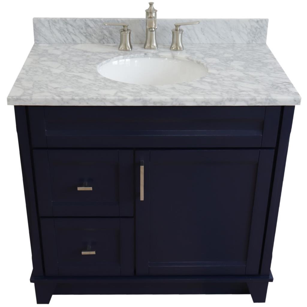 Bellaterra Home, Terni 37" Blue Vanity, Door on Right, Oval Sink on Center, White Carrara Marble#top-options_white-carrara-marble-top