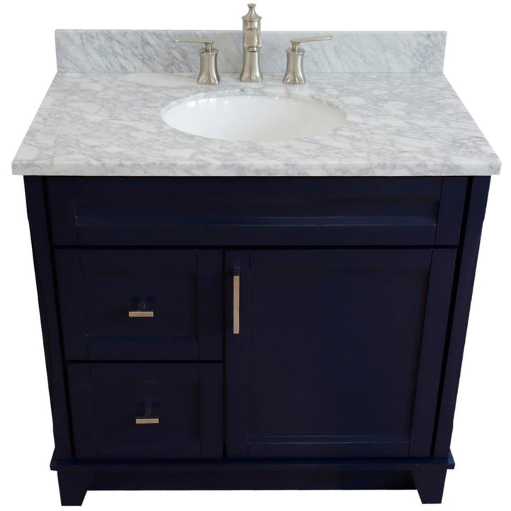 Bellaterra Home, Terni 37" Blue Vanity, Door on Right, Oval Sink on Center, White Carrara Marble#top-options_white-carrara-marble-top