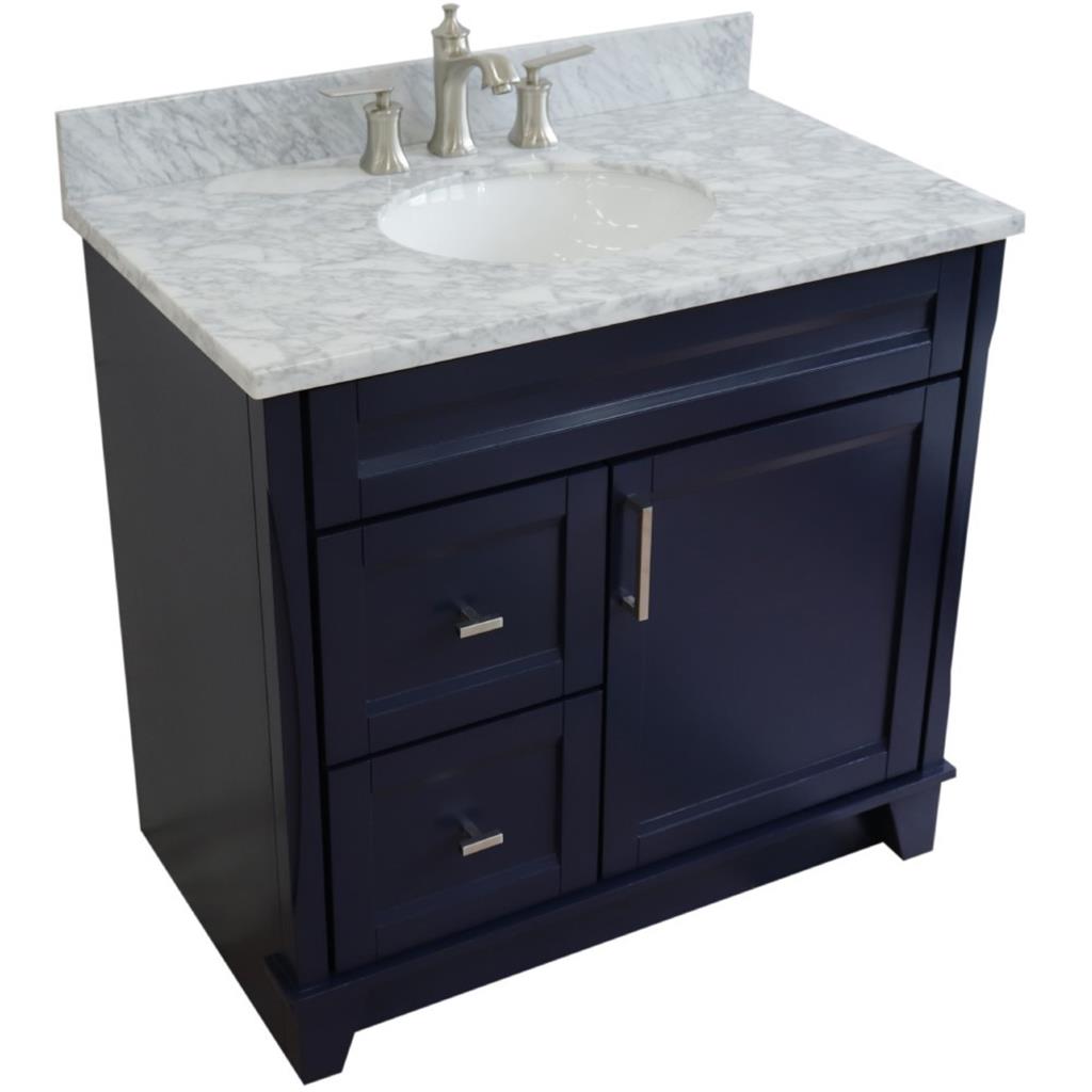 Bellaterra Home, Terni 37" Blue Vanity, Door on Right, Oval Sink on Center, White Carrara Marble#top-options_white-carrara-marble-top