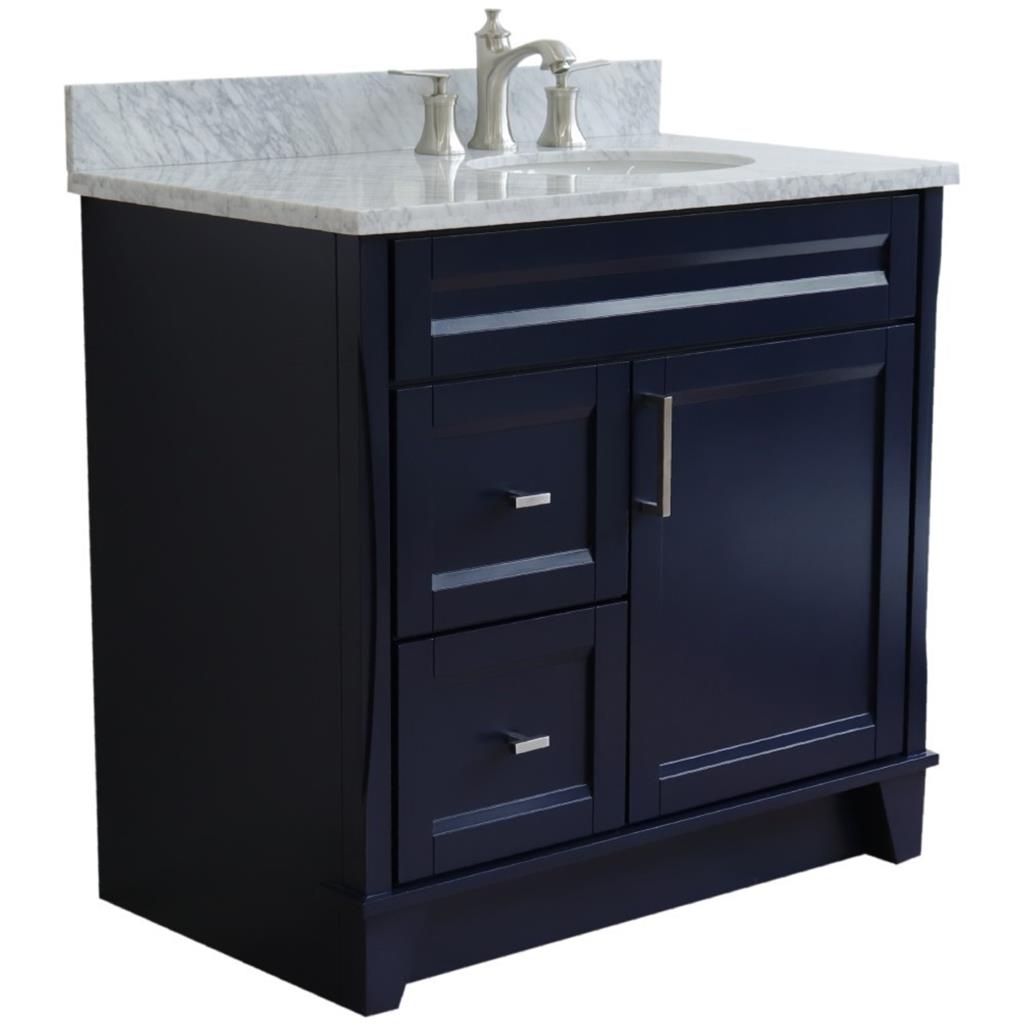 Bellaterra Home, Terni 37" Blue Vanity, Door on Right, Oval Sink on Right, White Carrara Marble#top-options_white-carrara-marble-top