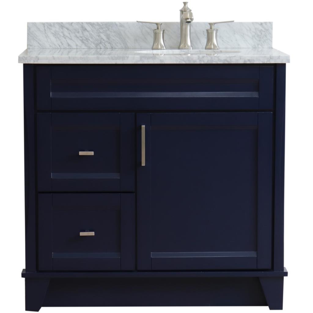 Bellaterra Home, Terni 37" Blue Vanity, Door on Right, Oval Sink on Right, White Carrara Marble#top-options_white-carrara-marble-top