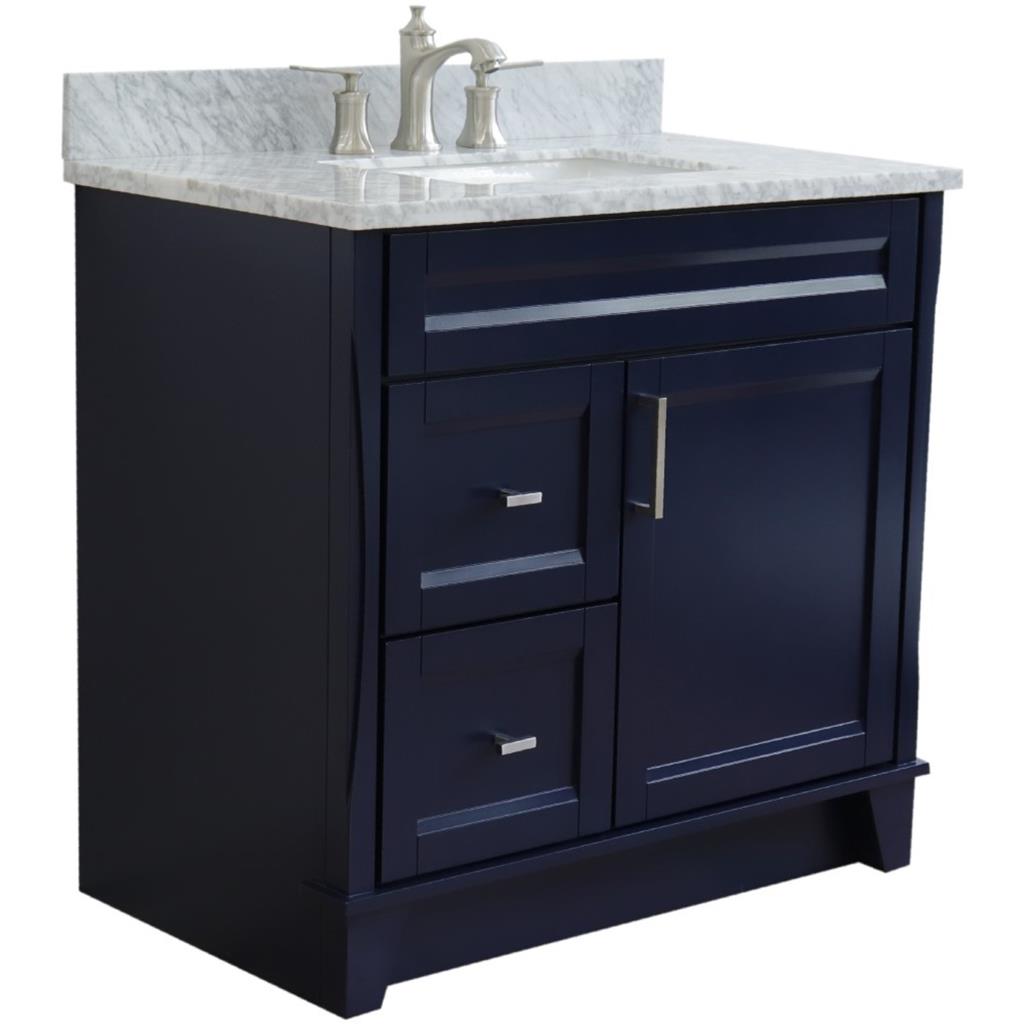 Bellaterra Home, Terni 37" Blue Vanity, Door on Right, Rectangle Sink on Center, White Carrara Marble#top-options_white-carrara-marble-top