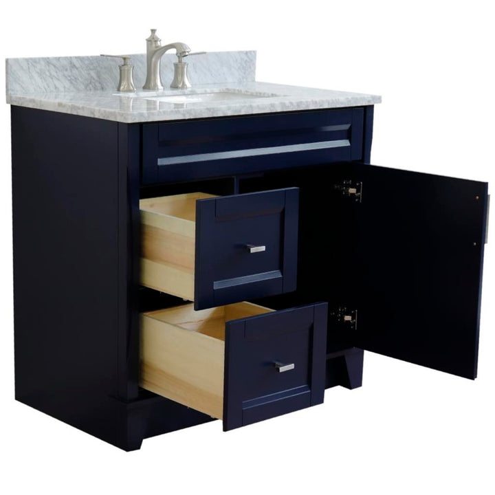 Bellaterra Home, Terni 37" Blue Vanity, Door on Right, Rectangle Sink on Center, White Carrara Marble#top-options_white-carrara-marble-top