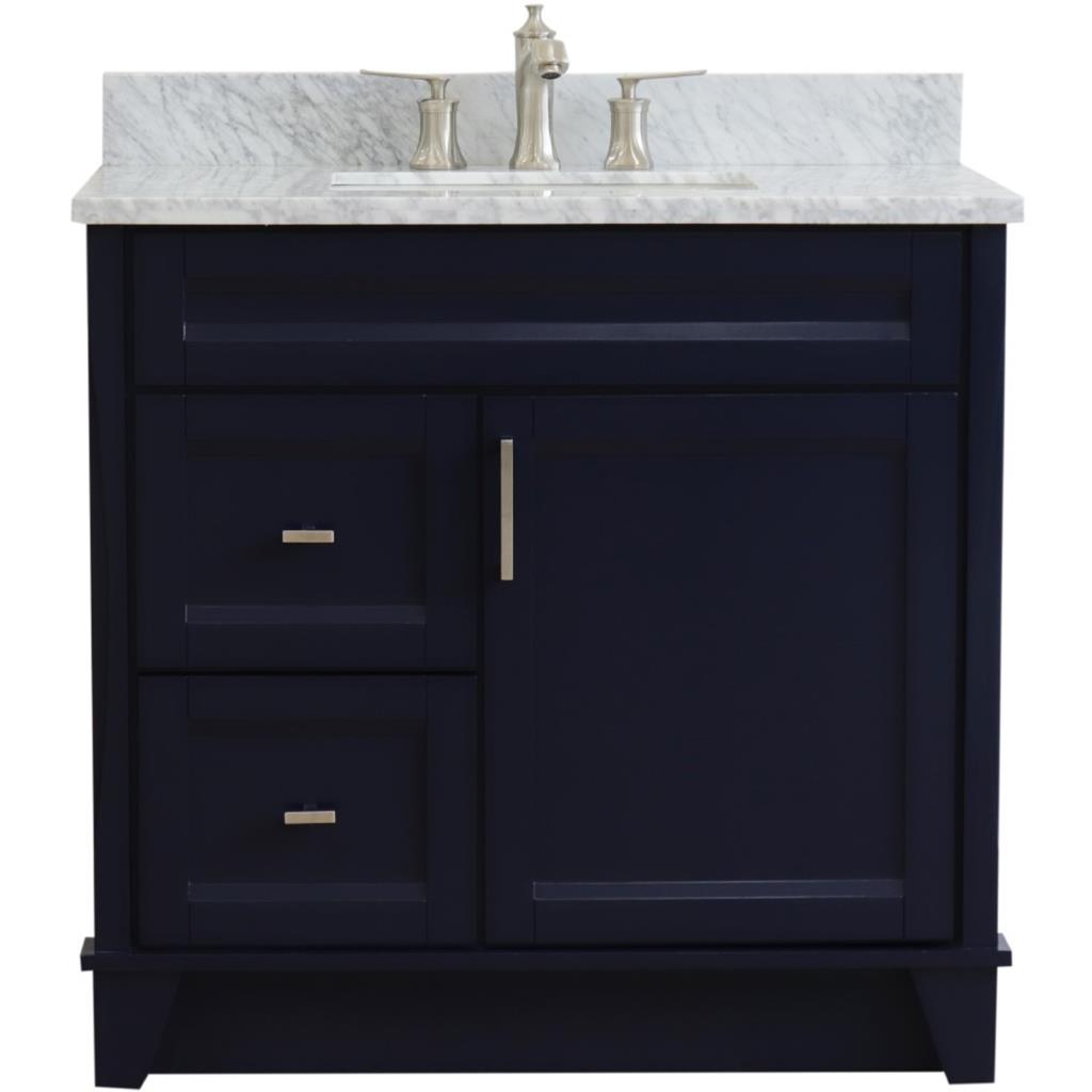 Bellaterra Home, Terni 37" Blue Vanity, Door on Right, Rectangle Sink on Center, White Carrara Marble#top-options_white-carrara-marble-top