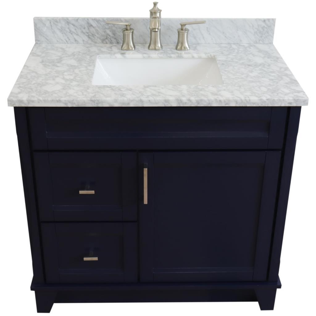 Bellaterra Home, Terni 37" Blue Vanity, Door on Right, Rectangle Sink on Center, White Carrara Marble#top-options_white-carrara-marble-top