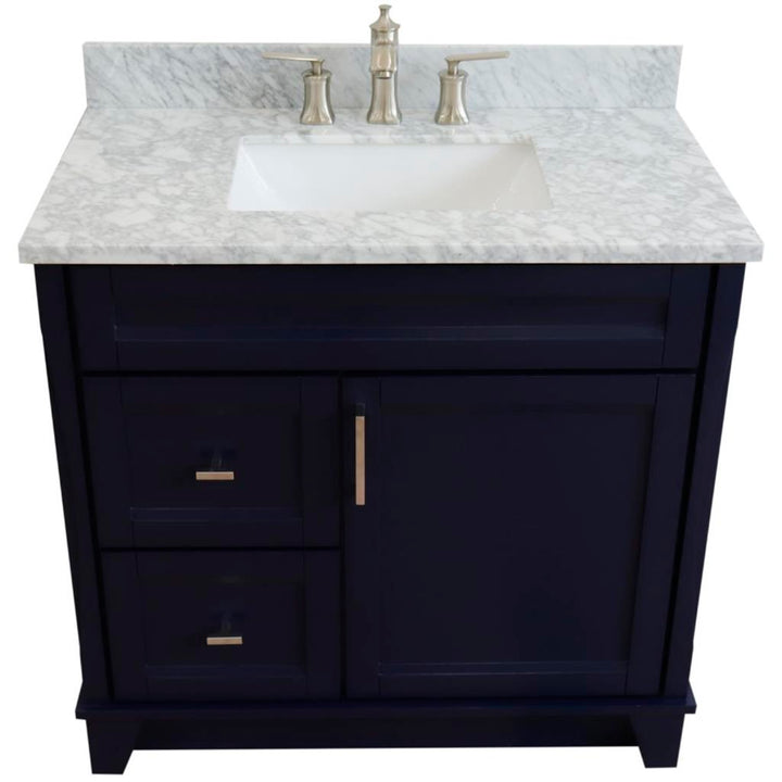 Bellaterra Home, Terni 37" Blue Vanity, Door on Right, Rectangle Sink on Center, White Carrara Marble#top-options_white-carrara-marble-top