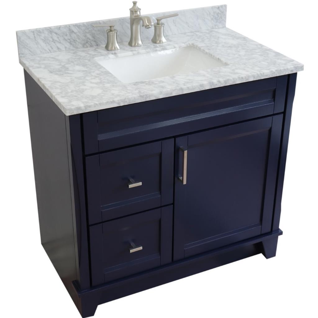 Bellaterra Home, Terni 37" Blue Vanity, Door on Right, Rectangle Sink on Center, White Carrara Marble#top-options_white-carrara-marble-top