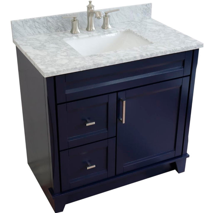 Bellaterra Home, Terni 37" Blue Vanity, Door on Right, Rectangle Sink on Center, White Carrara Marble#top-options_white-carrara-marble-top
