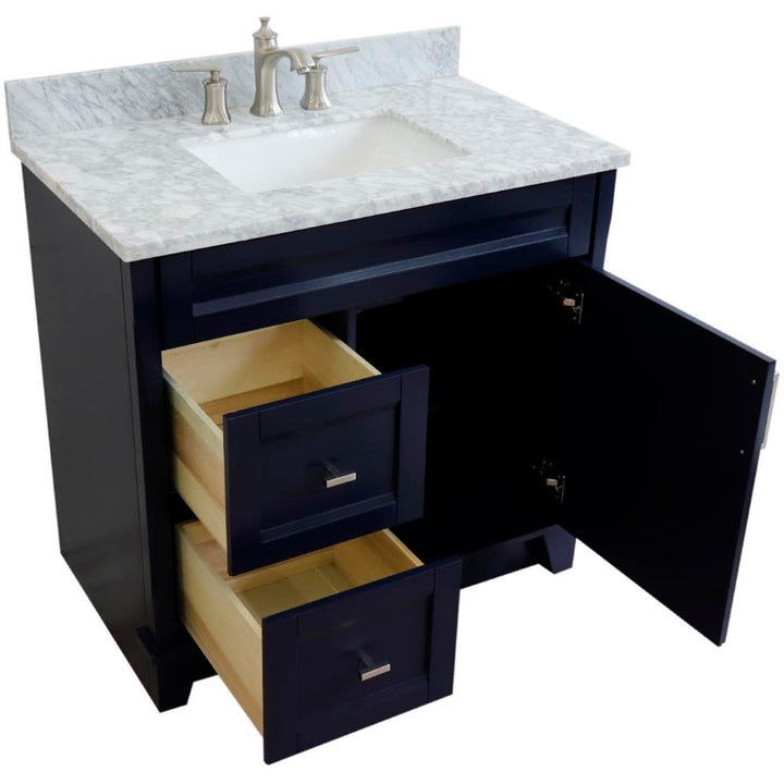 Bellaterra Home, Terni 37" Blue Vanity, Door on Right, Rectangle Sink on Center, White Carrara Marble#top-options_white-carrara-marble-top