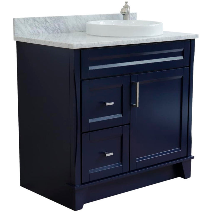 Bellaterra Home, Terni 37" Blue Vanity, Door on Right, Round Sink on Right, White Carrara Marble#top-options_white-carrara-marble-top