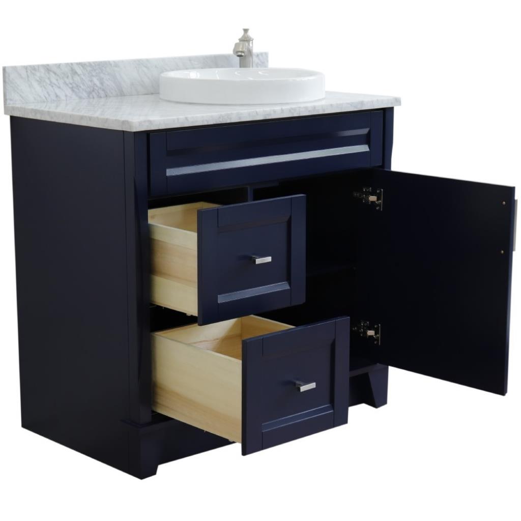 Bellaterra Home, Terni 37" Blue Vanity, Door on Right, Round Sink on Right, White Carrara Marble#top-options_white-carrara-marble-top