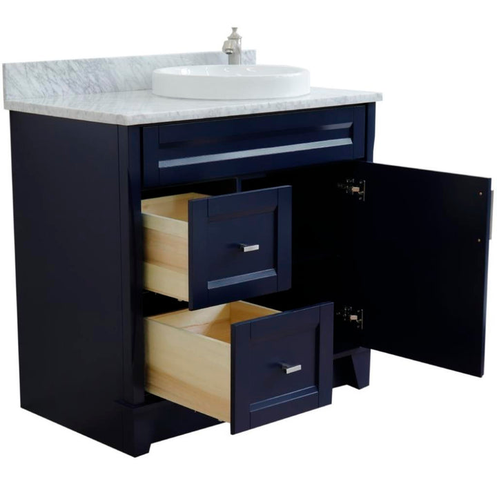 Bellaterra Home, Terni 37" Blue Vanity, Door on Right, Round Sink on Right, White Carrara Marble#top-options_white-carrara-marble-top