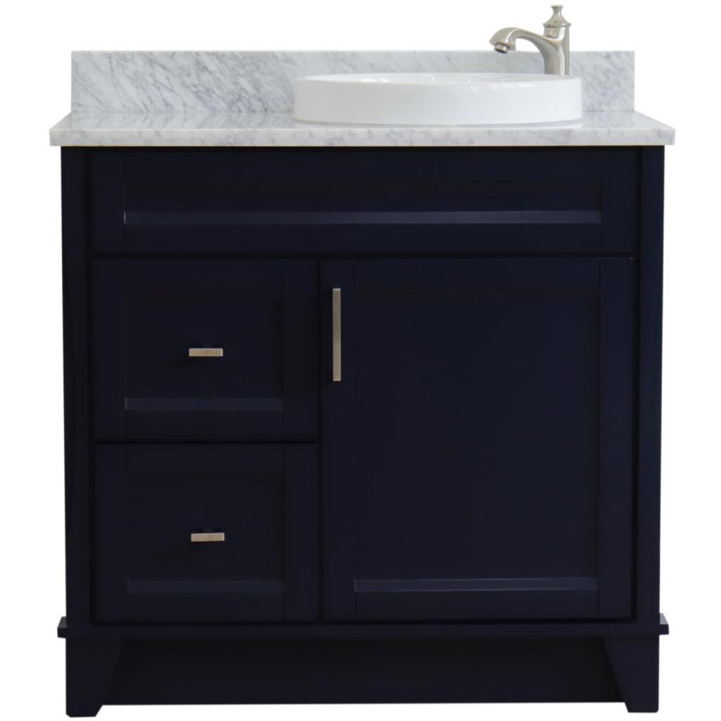Bellaterra Home, Terni 37" Blue Vanity, Door on Right, Round Sink on Right, White Carrara Marble#top-options_white-carrara-marble-top