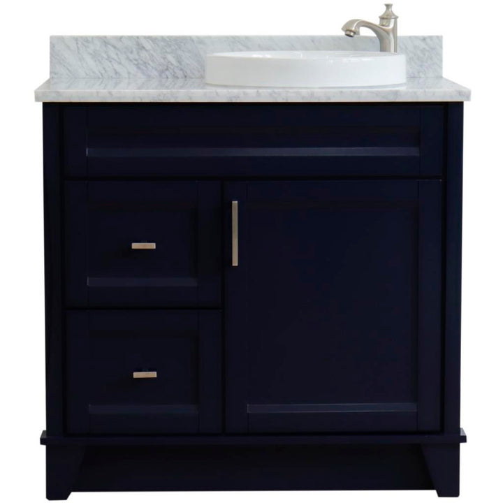 Bellaterra Home, Terni 37" Blue Vanity, Door on Right, Round Sink on Right, White Carrara Marble#top-options_white-carrara-marble-top