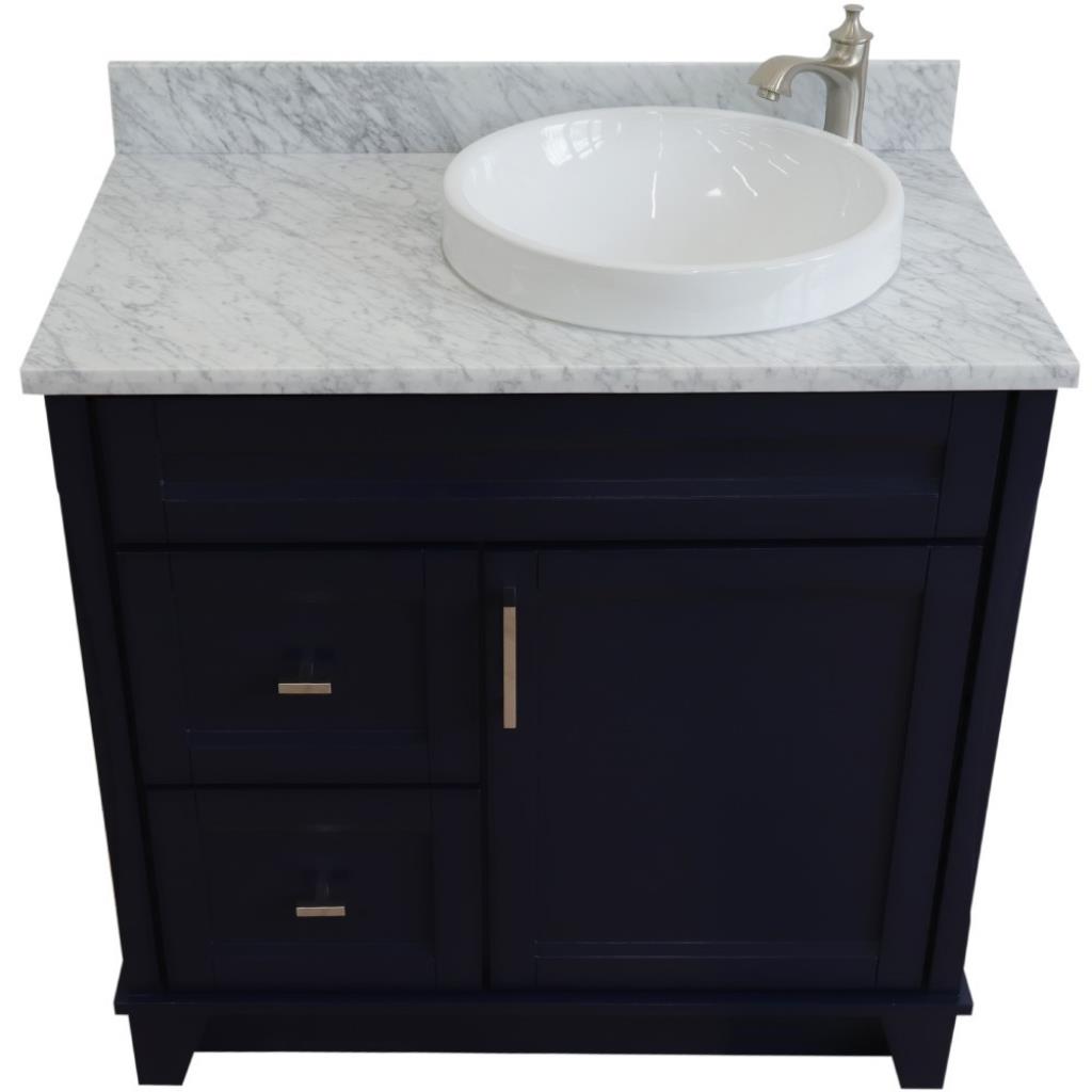 Bellaterra Home, Terni 37" Blue Vanity, Door on Right, Round Sink on Right, White Carrara Marble#top-options_white-carrara-marble-top