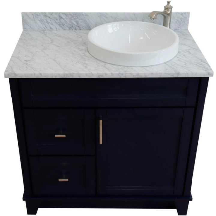 Bellaterra Home, Terni 37" Blue Vanity, Door on Right, Round Sink on Right, White Carrara Marble#top-options_white-carrara-marble-top