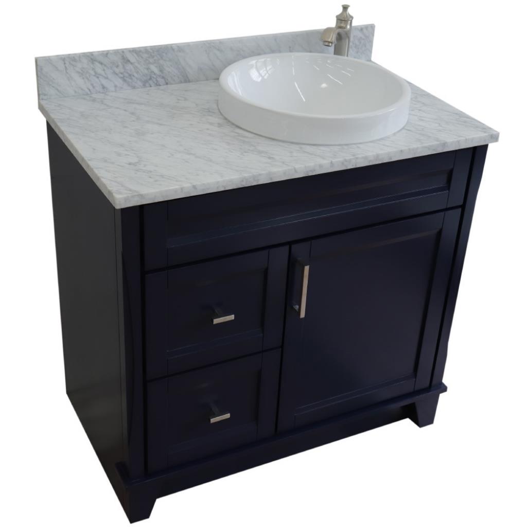 Bellaterra Home, Terni 37" Blue Vanity, Door on Right, Round Sink on Right, White Carrara Marble#top-options_white-carrara-marble-top